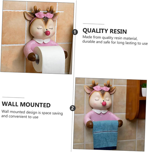 WOONEKY Wall-Mounted Pink Toilet Paper Holder Tissue Storage Rack Cute Deer Design Bathroom Roll Paper Rack