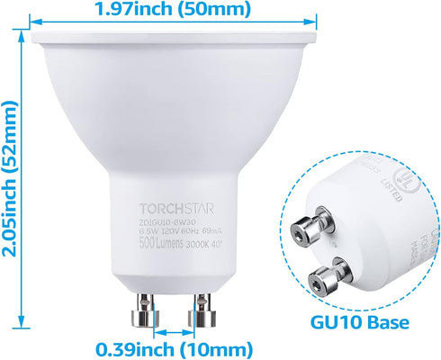 TORCHSTAR GU10 LED Bulbs, Dimmable, 500LM, 50W Halogen Equivalent, 3000K Warm White, 40 Beam Angle, Pack of 6