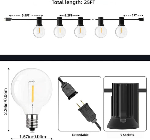 25FT G40 Bulbs Dimmable GPATIO Outdoor String Lights, Shatterproof Patio Lights, Waterproof Hanging Outdoor Lights