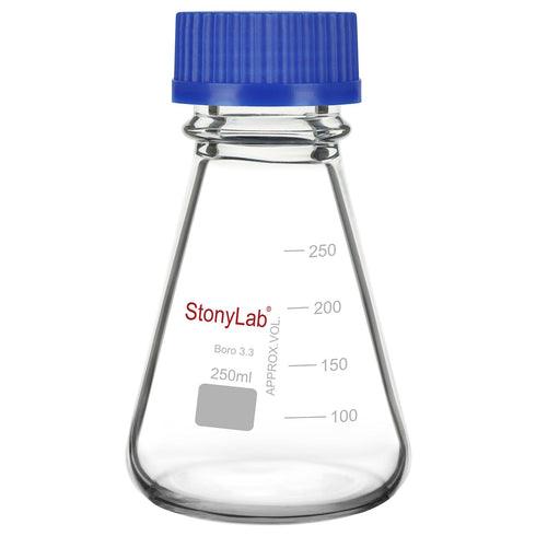 stonylab 250 ml Erlenmeyer Flask with Blue Screw Cap, Graduated Borosilicate Glass Conical Flask