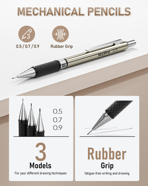 Nicpro 35PCS Art Mechanical Pencil Set, 3 PCS Metal Drafting Pencil 0.5 mm & 0.7 mm & 0.9 mm & 3 PCS 2mm Lead Holder (6B 4B 2B HB 2H 4H Colors) For Sketching Drawing With 20 Tube Lead Refills Case by Nicpro