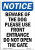 OSHA Notice Sign - Beware of The Dog Please Use Front | Vinyl Label Decal | Protect Your Business, Warehouse,