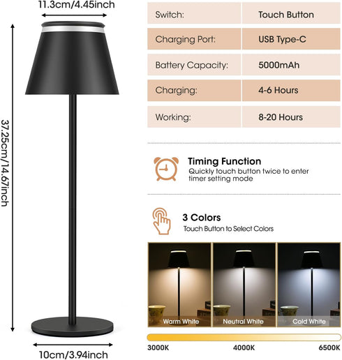 Dubofu 5000mAh 3 Dimmable,for 2 Pack Cordless Table Lamp, LED Rechargeable Desk Lamp with Battery Operated,Portable