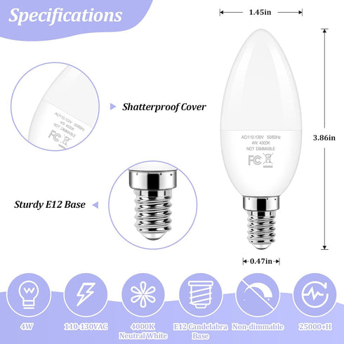 Bulbs 40W 4W Bulbs E12 4000K Lightbulbs, Bulb Non-Dimmable, Pack 6 Brightever LED Candelabra Light Equivalent, Candle