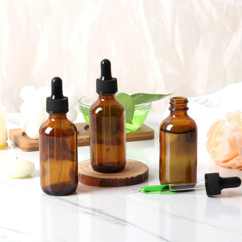STARSIDE 24 Pack 2 oz Amber Glass Dropper Bottles for Essential Oils, Includes Brush, Funnels, Labels