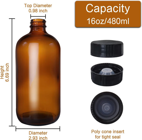 12 Pack 16 oz Amber Boston Round Glass Bottles with Black Caps for Kombucha Fermentation and Lab Chemicals (2 Funnels