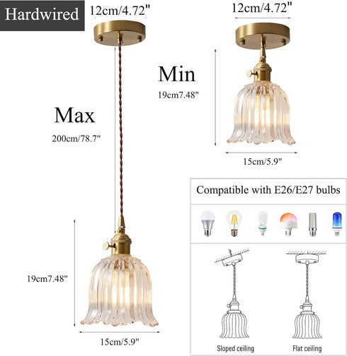 YJQHXY 6.56 E26 Hardwired Pendant Light with Flower Glass Shade Adjustable FT Twisted Cord, Socket, Brass Finish