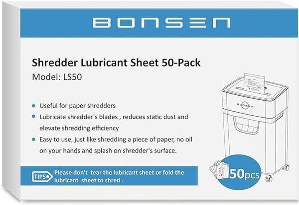 BONSEN 50-Pack Shredder Lubricant Sheets, Clean, Sharpen, Prevent Jams, Easy to Use, Fits
