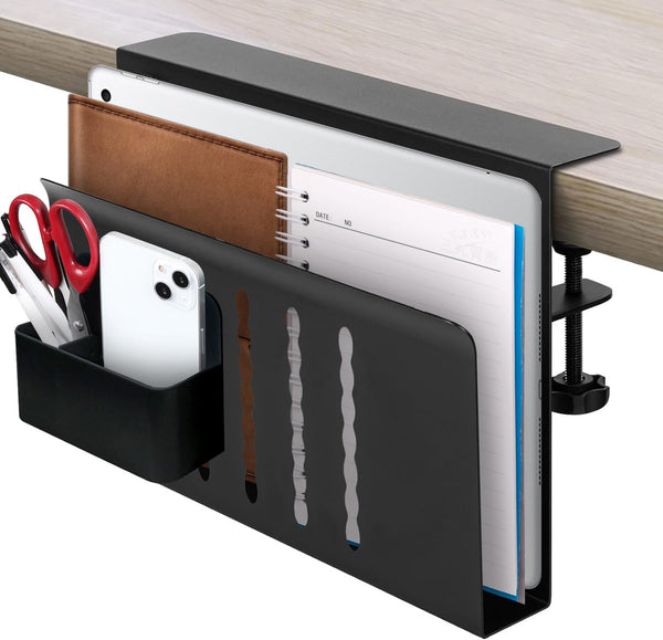 Under Desk Laptop Holder, Clamp On Side Desk Organizer with Anti-Scratch Pad & Magnetic Pen Holder for Flat Edge Desks