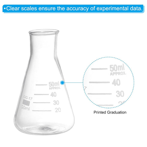 PATIKIL Erlenmeyer Flask, 6 Pcs, 50ml Narrow Mouth Graduated Borosilicate Glass for Lab Chemistry