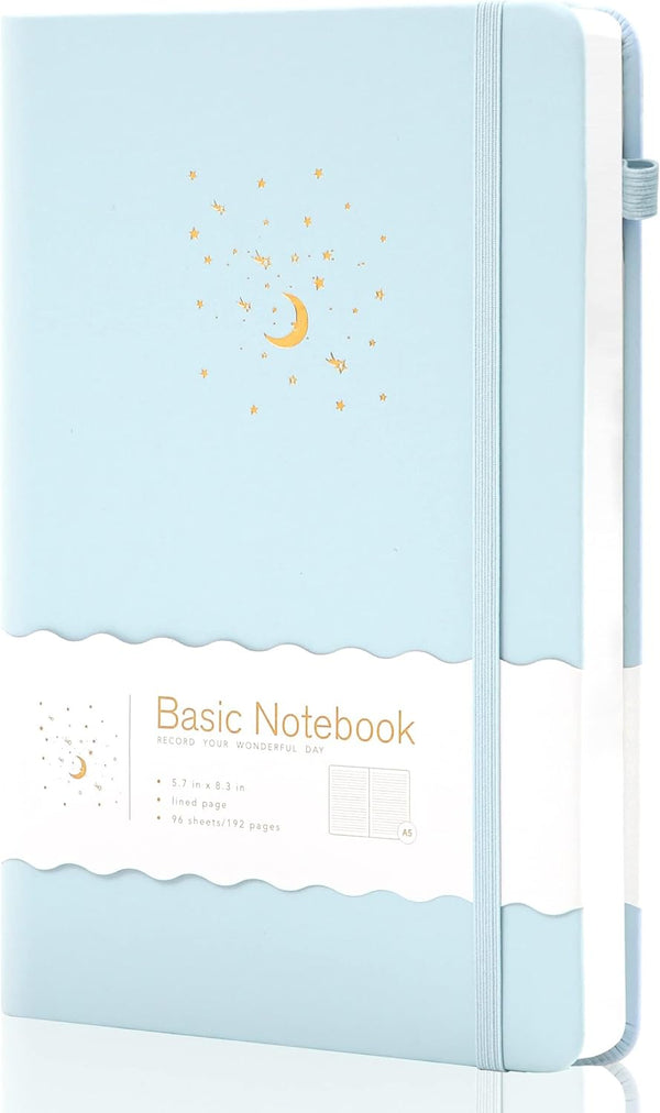 CAGIE Lined Journal Notebook for Work, 196 Pages, Medium 5.7" x 8.3", Hardcover with Pen Loop, Sky Blue