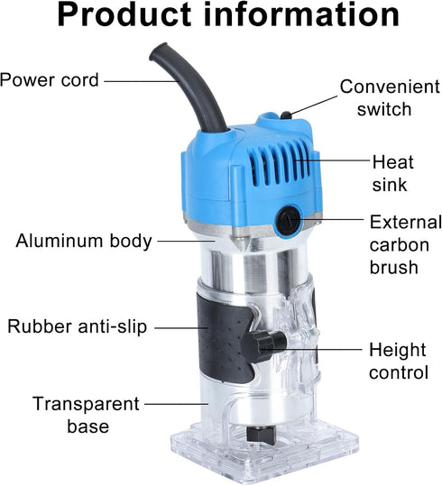 BESUFY Trimmer 800W 1/4 Trimmer Trimmer Electric Wood Hand Laminator, Wood Router, Electric Palm Router Tool, Compact