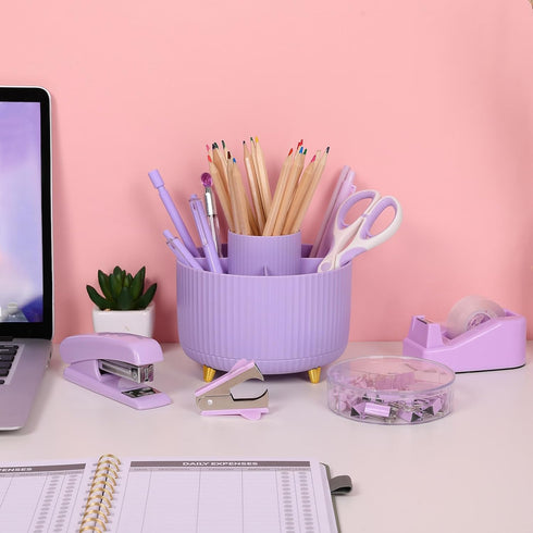 SKYDUE Purple Office Supplies Set, 10PCS Purple Desk Accessories, Pencil Holder, Stapler, Tape Dispenser, Scissors