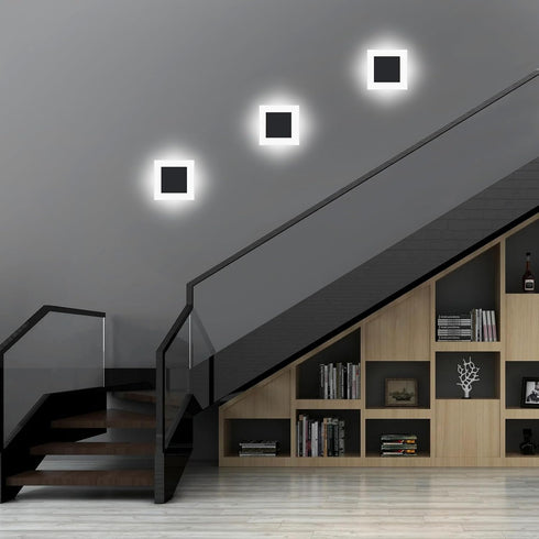 10W Non-Dimmable 6000K Kawell Square Acrylic LED Wall Sconce Hardwired Black Wall Light Fixture for Bedroom, Living