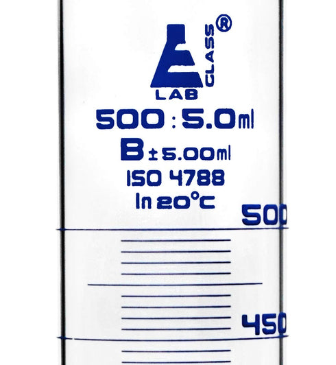 EISCO Graduated Cylinder, 500ml - Class B Tolerance ±5.00ml - Round Base - Blue Graduations - Borosilicate 3.3 Glass