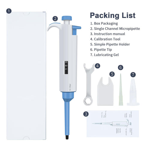 Adjustable Variable Volume Micropipette, 10-100µL Single Channel Pipette, High Precision Lab Micro Pipettes