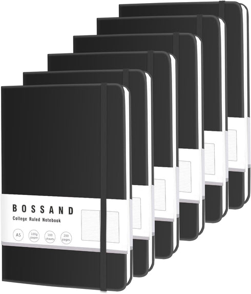 BOSSAND 6 Pack Lined Journal Notebooks, A5 Journals for Writing, 200 Pages, 100 GSM Thick College Ruled Paper