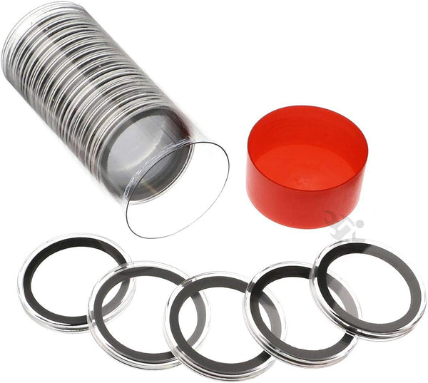 OnFireGuy 20pcs 39mm Black Ring Coin Capsules & Capsule Tube with Red Cap Lid for 1oz Silver Rounds, Protective Coin