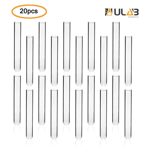 ULAB Scientific Cylindrical Glass Test Tubes, vol.20ml, 20x150mm, Medium 3.3 Borosilicate Glass Material, Pack of 20, UTT1006