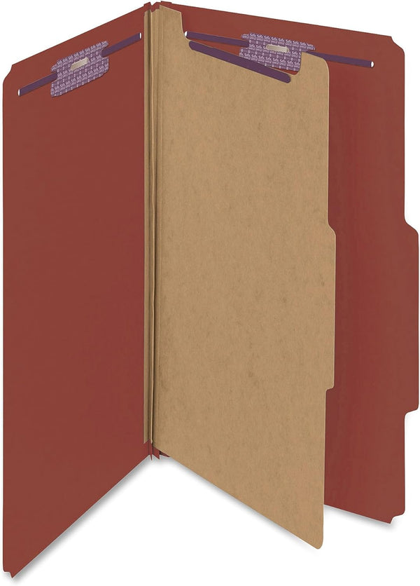 Smead Pressboard Classification File Folder with SafeSHIELD Fasteners, 1 Divider, 2" Expansion, Legal Size, Red, 10 per