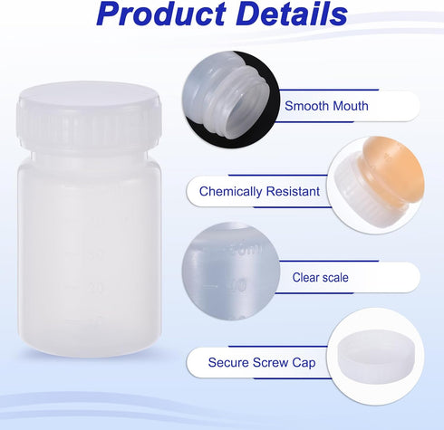 PATIKIL 5 Pcs 50ml Transparent White Reagent Bottles, PE Wide Mouth Round Graduated Bottles with Screw Cap for Lab