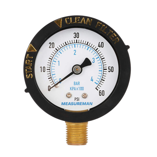 Measureman 2” Pool Filter Pressure Gauge, 60 PSI, 1/4” NPT Bottom Mount for Swimming Pool and Spa