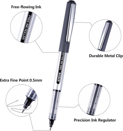 Bullet Tip Rollerball Pens, 25 Pack Black Liquid Ink Rollerball Pens, Fine Point Pens 0.5mm Large Capacity Ink, Quick Drying For Writing Journaling School Office by EYEYE