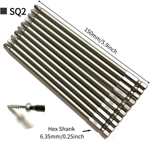10 Pieces SQ2 Square Head Magnetic Screwdriver Bits Set, 1/4 Inch Hex Shank, 5.9 Inch Length, S2 Steel Power Tools