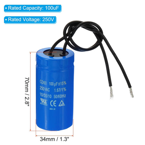 PATIKIL CD60 Run Capacitor, 100uF 250VAC 2 Wires 50/60Hz Motor Starting Capacitor for Air Compressor Motor Starts Running