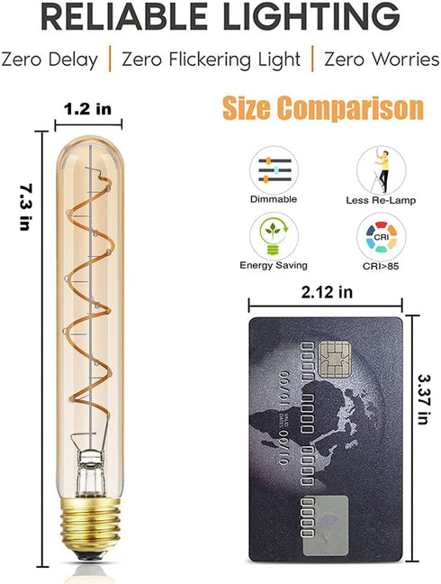 Dimmable T10 Bulbs, 2200K 7.3inch Bulb, 40 Bulb,400lm,E26 Bulb,Amber Glass,Pack 4 LED Warm White Amber, Long Tubular