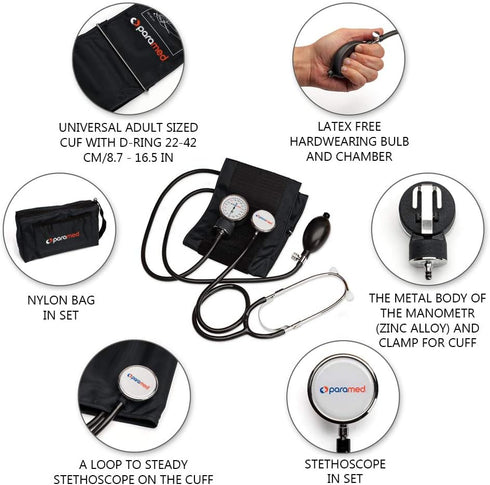 8.7-16.5" PARAMED Aneroid Sphygmomanometer with Stethoscope Manual Blood Pressure Cuff with Universal Cuff and D-Ring