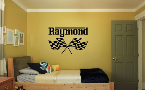 The Decal Hub (23" 35" Custom Name Checkered Flags Wall Decal Custom Name Racing Car Flag Wall Sticker Vinyl Art