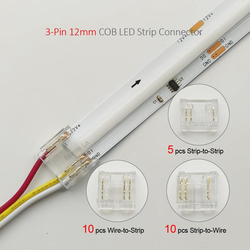3-Pin 12mm COB LED Strip Connector Kit for Solderless Strip-to-Wire and Strip-to-Strip Joints on 5V 12V 24V DC COB LED Light Strips (Pack of 25) by Biantie La
