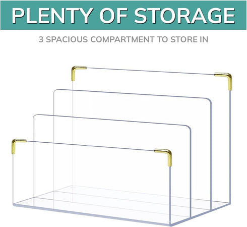pbf Acrylic File Holder, Clear Desk Organizer with Gold Accents for Mail, Folders, and Magazines