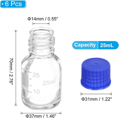PATIKIL 6 Pack Reagent Media Storage Bottles, 25ml Borosilicate Glass with GL32 Blue Screw Cap for Lab
