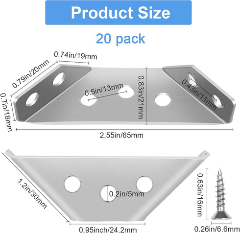 Sissinda 20Pcs (20 Universal Stainless Steel Furniture Corner Connector, Angle Corner Bracket with Screws, Corner