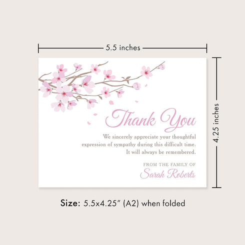 5.5x4.25 Pink Floral Cherry Blossom Sympathy Thank You Cards, Personalized Bereavement Funeral Thank You Cards
