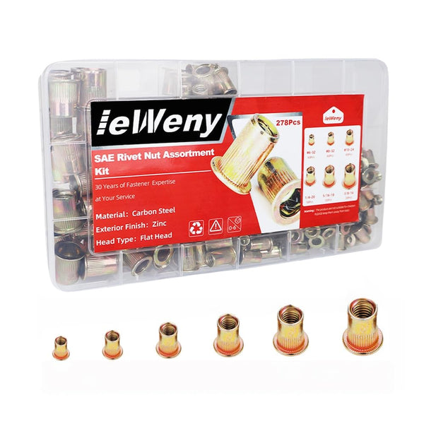 ieWeny Rivet Nut Assortment Kit(278Pcs), 1/4"-20, 3/8"-16, 5/16"-18, #10-24, #8-32, #6-32UNC SAE Carbon