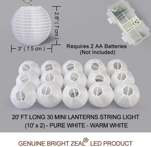 20' 30 3" Bright Zeal Long LED Lanterns String Lights Battery Powered - Indoor Outdoor White Silk-Like Cloth Round LED
