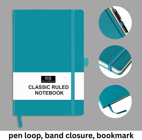 RICCO BELLO Lined Journal Notebook, Faux Leather Hardcover, College Ruled, 96 Sheets, 5.7 x 8.4-Inches (Teal)