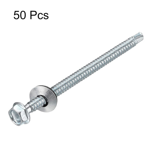 uxcell #14 x 4" Self Drilling Screws with Rubber Washer, 50pcs Zinc Plated Steel Roofing Screws for Metal