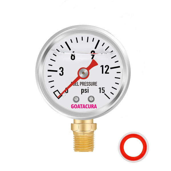 Glycerin Filled Fuel Pressure Gauge 0-15psi, 1-1/2" Dial Size, 304 Stainless Steel Case, 1/8" NPT Lower Mount.