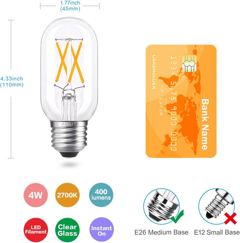 E26 Bulb 40W 4W, 2700K, Dimmable 400lm T14 T45 Bulbs 3 Pack Vintage LED Light Equivalent, Energy Efficient Warm White