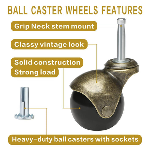 2 Inch Swivel Stem Ball Caster Wheels, Set of 4, Solid Brass for Furniture, Desk, Chair