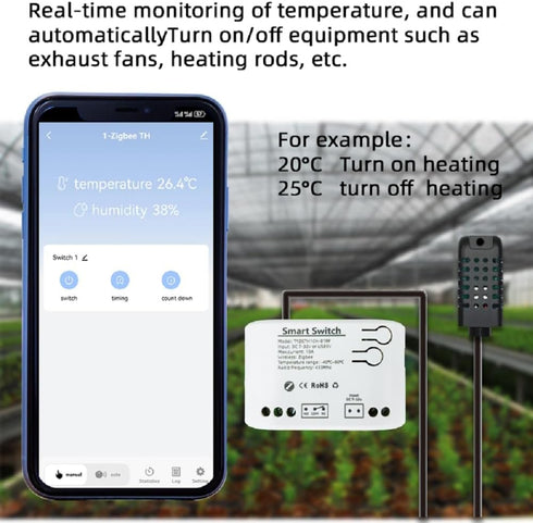 Zigbee Temperature & Humidity Controller, Extendable Probe Sensor, Tuya App Remote, 10A Relay Switch (T&H, 12 Volts)