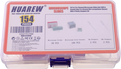 50 Pcs Ground Edge Pre-Cleaned Microscope Slides and 100 Pcs Pre-Cleaned Cover Glasses with Droppers