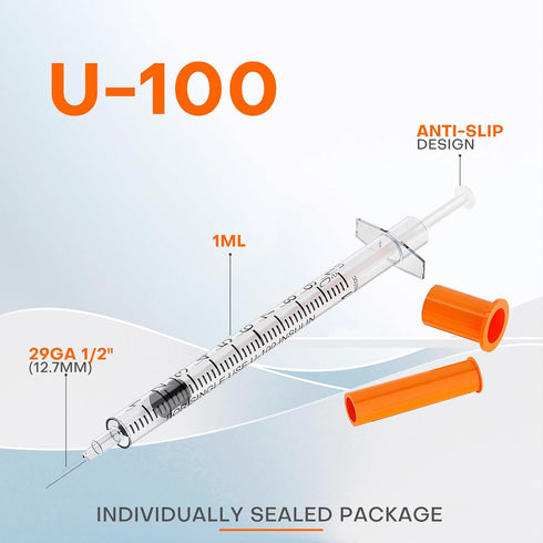 U-100 1mL/cc 29G 1/2" (12.7mm) Pack 100 Lab Syringes with Needle, Disposable Syringes, Individually Wrapped