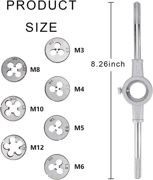 JONMON 8 Pcs Metric Die Set - Screw Die & Adjustable Wrench Holder with M3-M12 Dies Threading and Rethreading Cutting External Thread Processing Tapping Hand Tool Kit for Home DIY, Garage