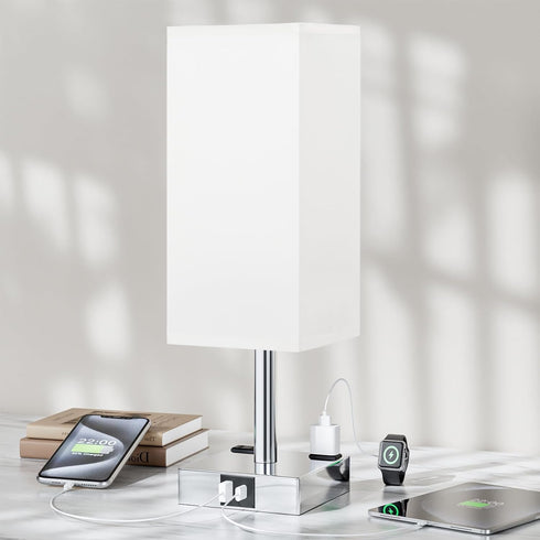 3-Way Dimmable E26 Bulb Touch Bedside Table Lamp for Nightstand - Night Lamp with USB A + Type C Charging Ports and Two