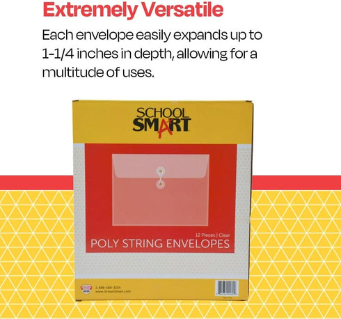 School Smart Expanding Poly String Envelopes, Letter Size, Clear, Side Load, Pack of 12